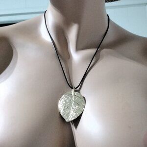 Abstract Leaf Pendant Gold tone Black Leather Cord Retro Boho pendant